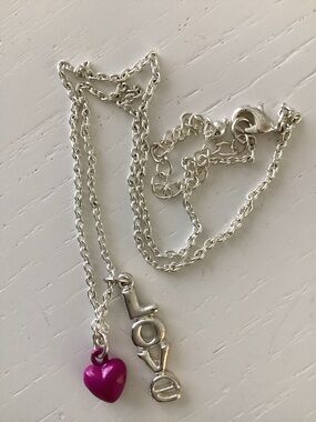 Silver-tone 'Love' Pendant Necklace with Pink Heart Charm